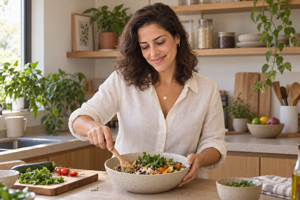 Lívia preparando uma refeição caseira com legumes e folhas frescas.
